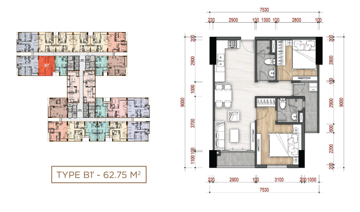 layout căn hộ 2PN B1.1 dự án La Partenza