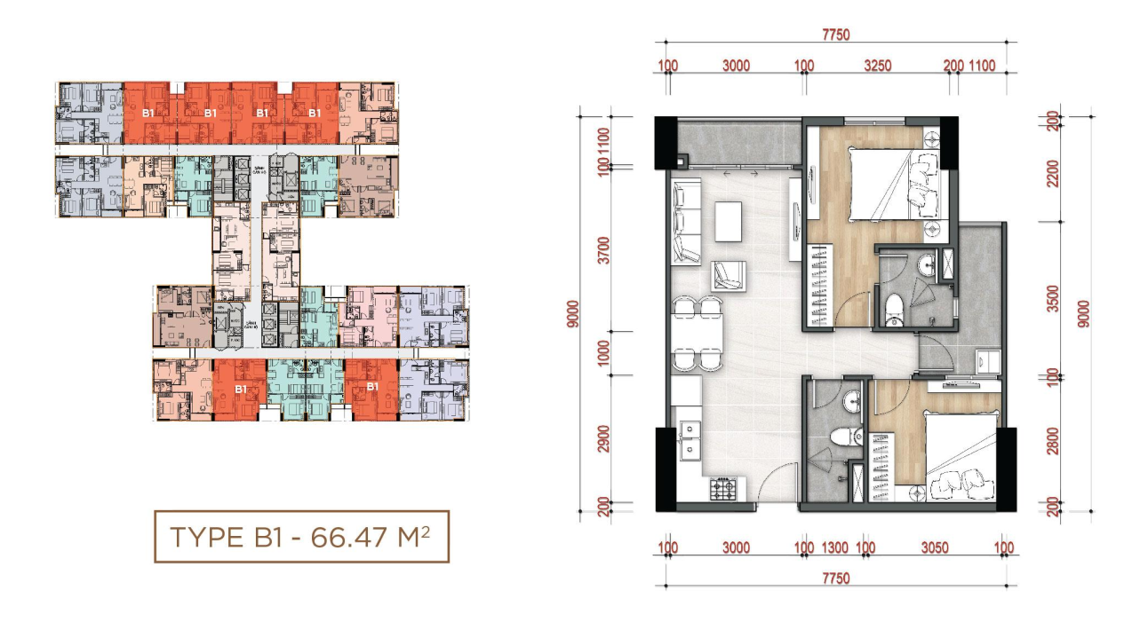 layout căn hộ 2PN B1 dự án La Partenza