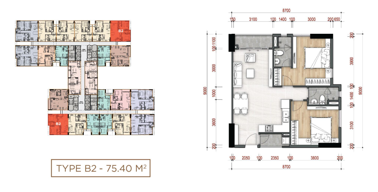 layout căn hộ 2PN B2 dự án La Partenza