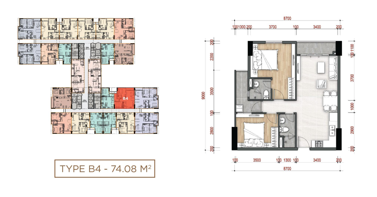 layout căn hộ 2PN B4 dự án La Partenza