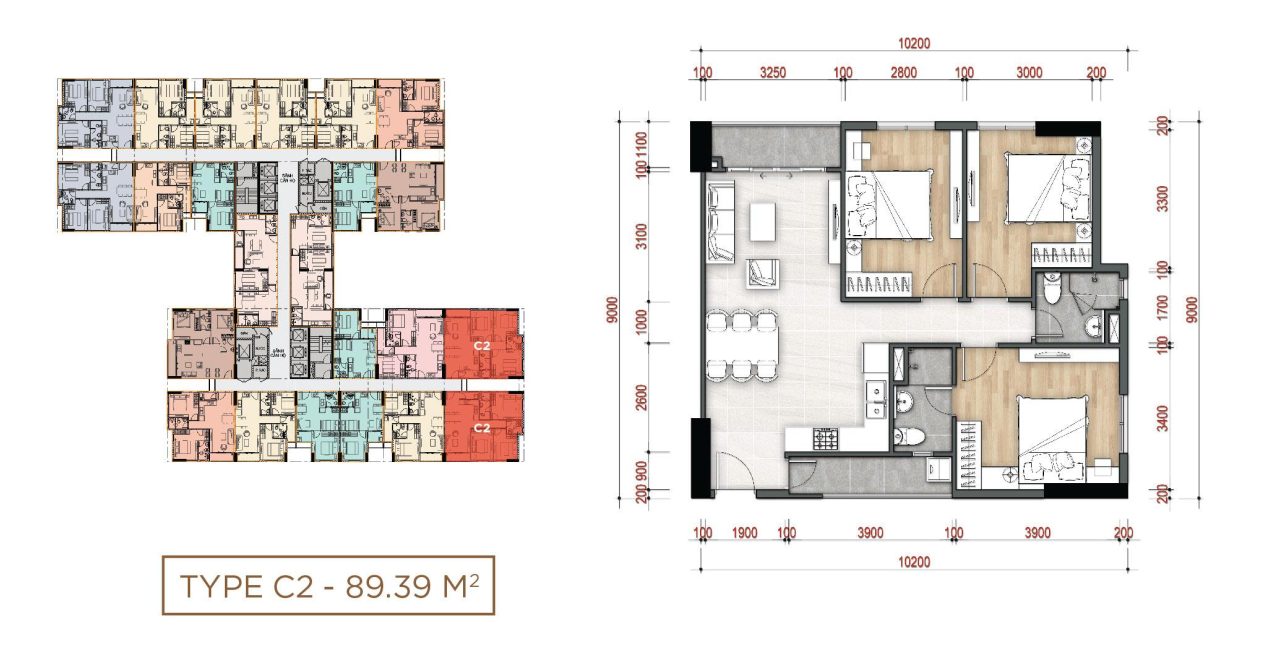 layout căn hộ 2PN C2 dự án La Partenza