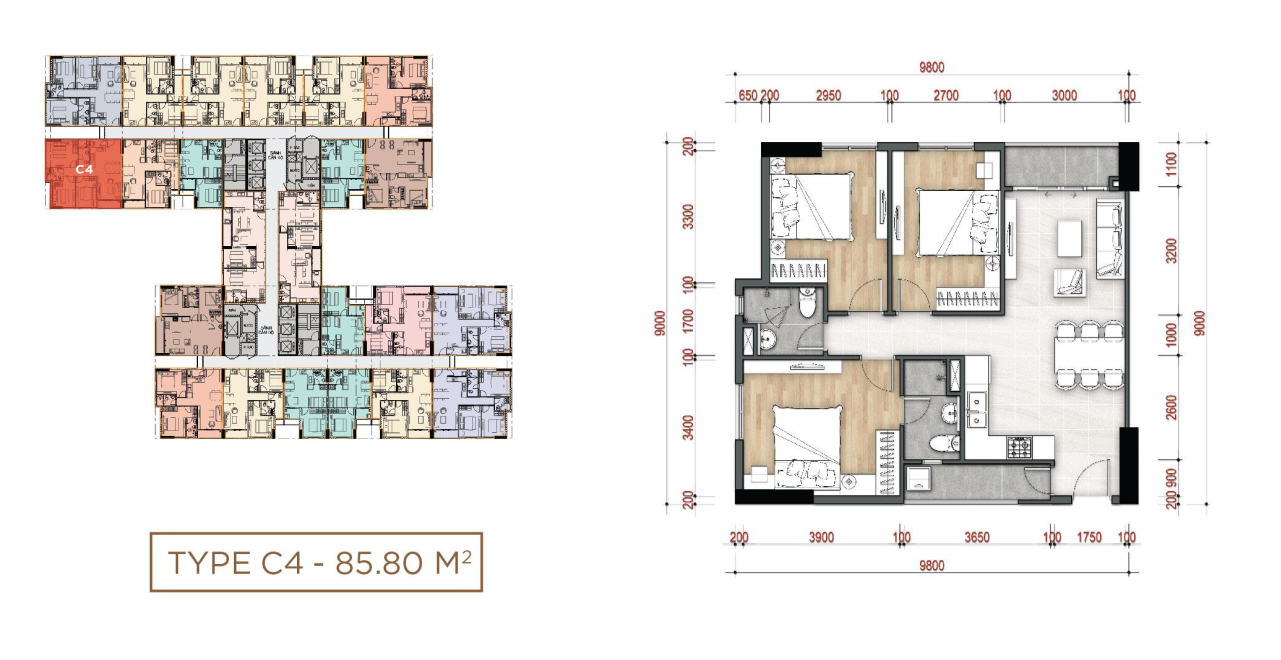 layout căn hộ 2PN C4 dự án La Partenza